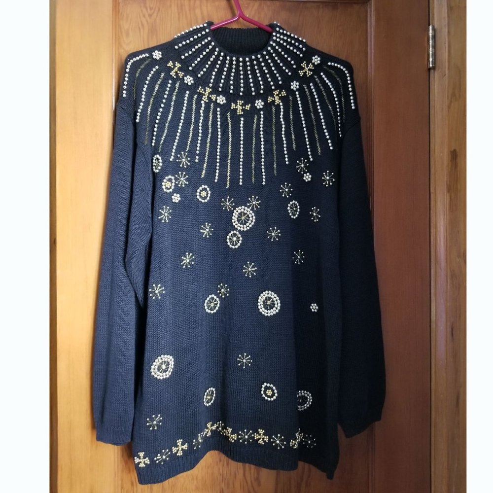 Impressive, vintage 90s, black cotton sweater, S, M, L, gold glass beading - Picture 2 of 8